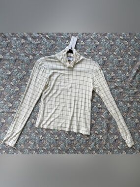 Turtleneck Grid-Print Long Sleeve Top - Cream/Black